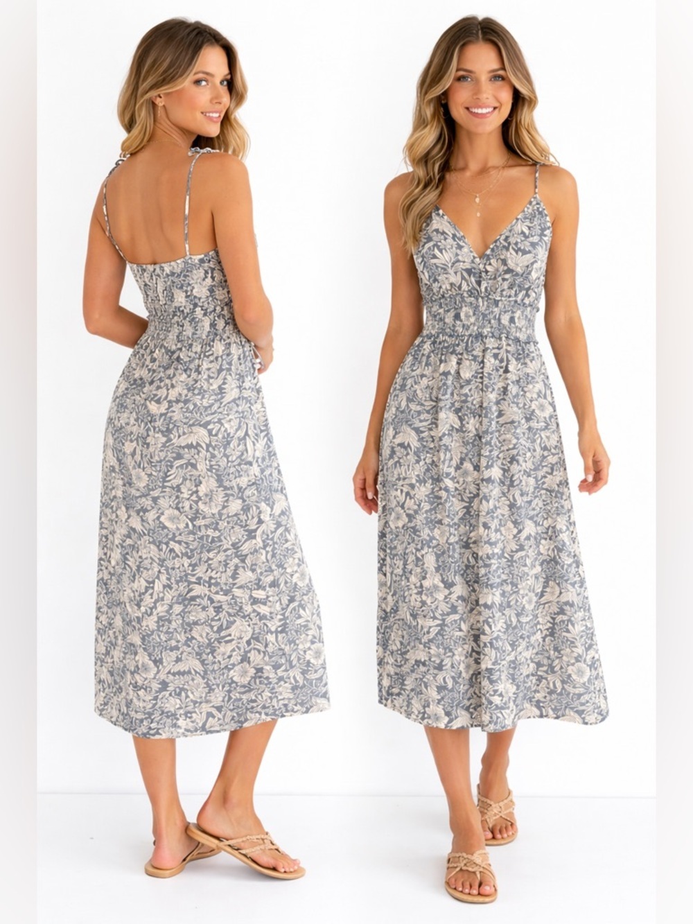Patrons of Peace Blue & Cream Floral V-Neck Midi Dress